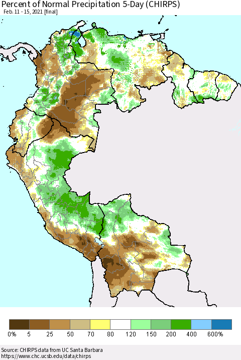 Northern South America Percent of Normal Precipitation 5-Day (CHIRPS) Thematic Map For 2/11/2021 - 2/15/2021
