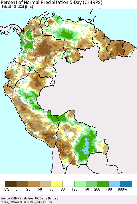 Northern South America Percent of Normal Precipitation 5-Day (CHIRPS) Thematic Map For 2/26/2021 - 2/28/2021