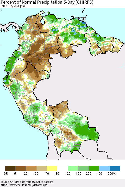 Northern South America Percent of Normal Precipitation 5-Day (CHIRPS) Thematic Map For 3/1/2021 - 3/5/2021