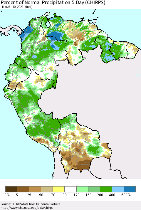 Northern South America Percent of Normal Precipitation 5-Day (CHIRPS) Thematic Map For 3/6/2021 - 3/10/2021