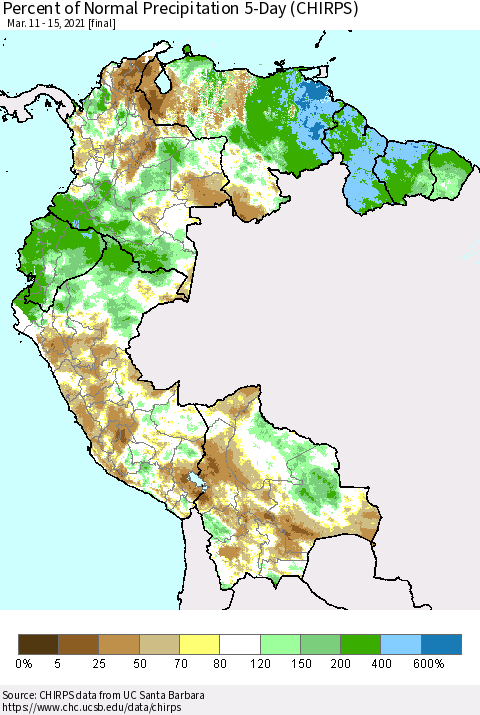 Northern South America Percent of Normal Precipitation 5-Day (CHIRPS) Thematic Map For 3/11/2021 - 3/15/2021