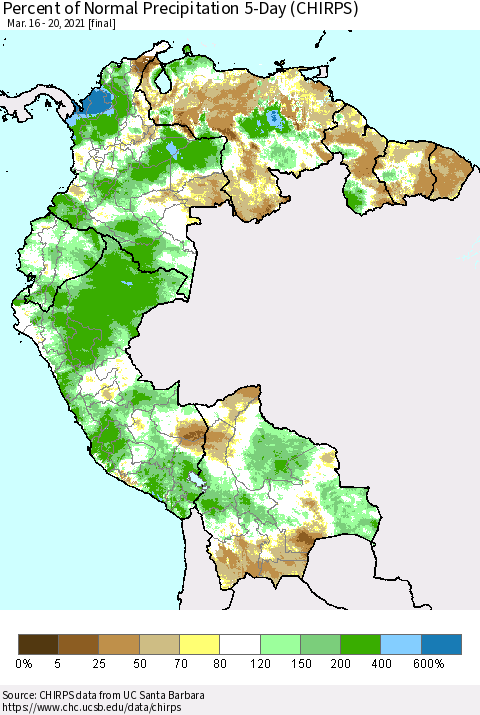 Northern South America Percent of Normal Precipitation 5-Day (CHIRPS) Thematic Map For 3/16/2021 - 3/20/2021