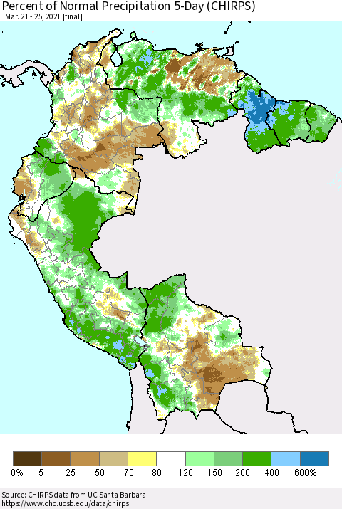 Northern South America Percent of Normal Precipitation 5-Day (CHIRPS) Thematic Map For 3/21/2021 - 3/25/2021