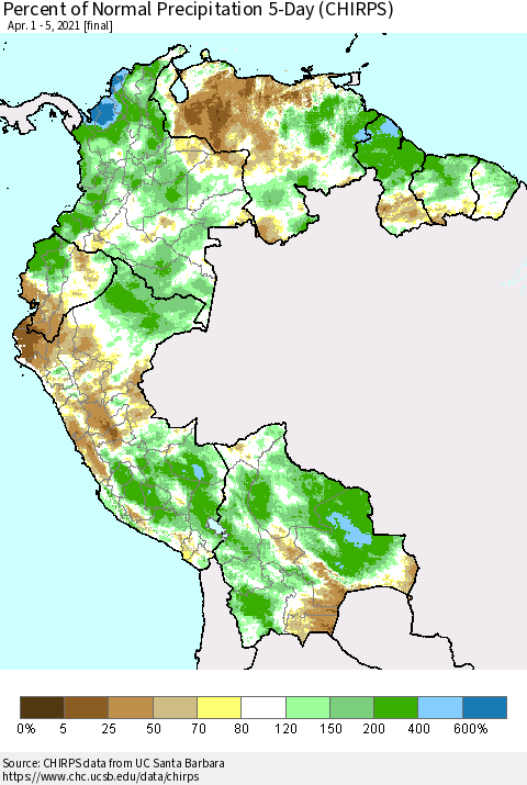 Northern South America Percent of Normal Precipitation 5-Day (CHIRPS) Thematic Map For 4/1/2021 - 4/5/2021