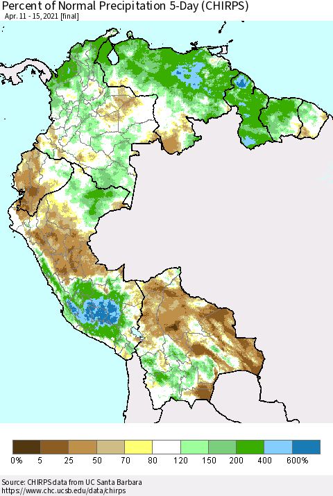 Northern South America Percent of Normal Precipitation 5-Day (CHIRPS) Thematic Map For 4/11/2021 - 4/15/2021