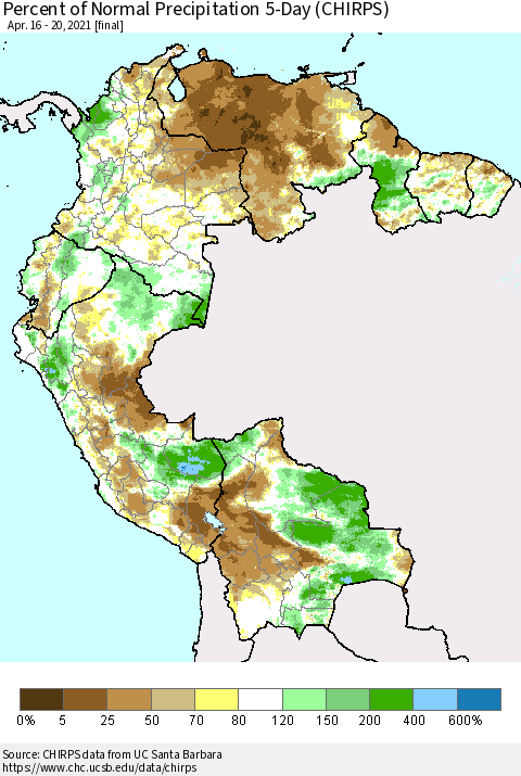 Northern South America Percent of Normal Precipitation 5-Day (CHIRPS) Thematic Map For 4/16/2021 - 4/20/2021