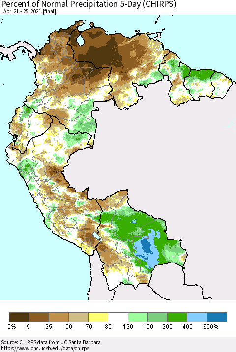 Northern South America Percent of Normal Precipitation 5-Day (CHIRPS) Thematic Map For 4/21/2021 - 4/25/2021