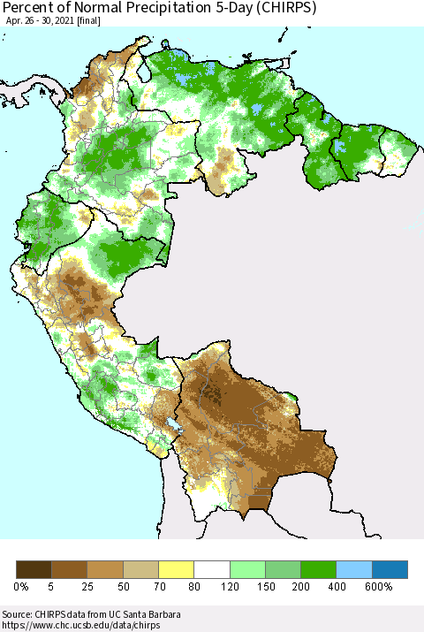 Northern South America Percent of Normal Precipitation 5-Day (CHIRPS) Thematic Map For 4/26/2021 - 4/30/2021