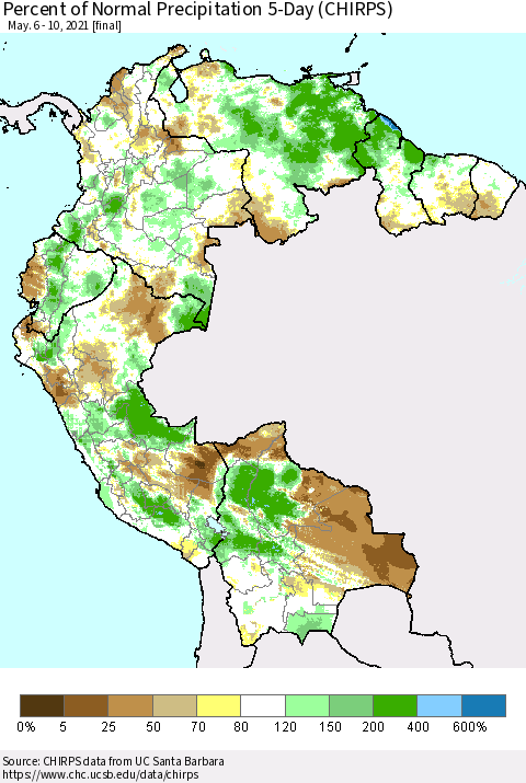 Northern South America Percent of Normal Precipitation 5-Day (CHIRPS) Thematic Map For 5/6/2021 - 5/10/2021