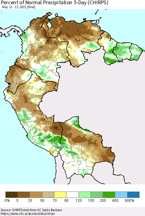 Northern South America Percent of Normal Precipitation 5-Day (CHIRPS) Thematic Map For 5/11/2021 - 5/15/2021