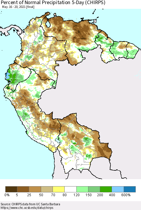 Northern South America Percent of Normal Precipitation 5-Day (CHIRPS) Thematic Map For 5/16/2021 - 5/20/2021
