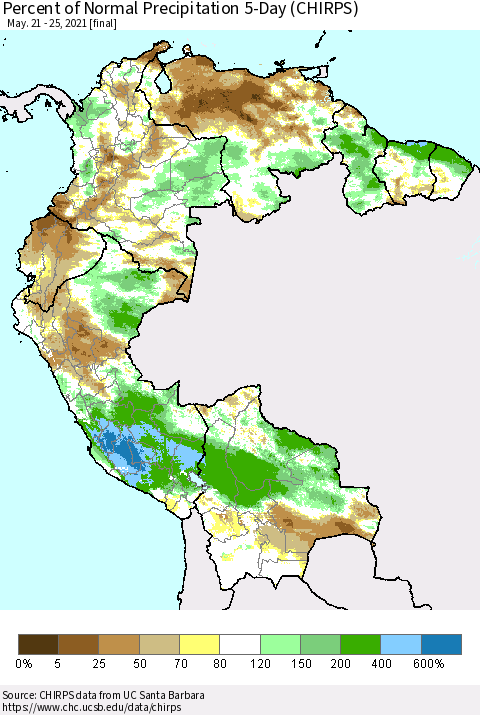 Northern South America Percent of Normal Precipitation 5-Day (CHIRPS) Thematic Map For 5/21/2021 - 5/25/2021