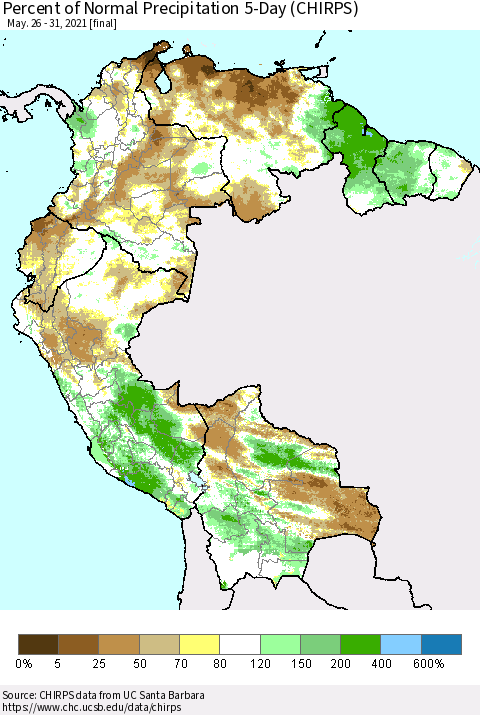 Northern South America Percent of Normal Precipitation 5-Day (CHIRPS) Thematic Map For 5/26/2021 - 5/31/2021