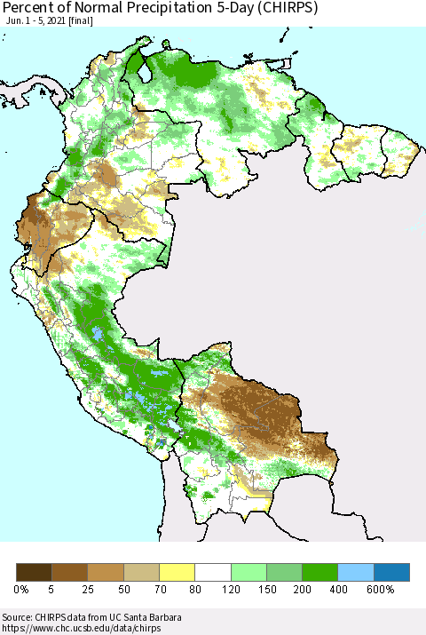 Northern South America Percent of Normal Precipitation 5-Day (CHIRPS) Thematic Map For 6/1/2021 - 6/5/2021