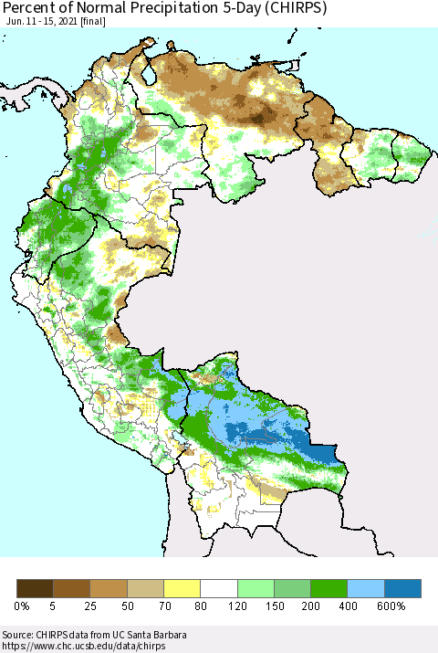Northern South America Percent of Normal Precipitation 5-Day (CHIRPS) Thematic Map For 6/11/2021 - 6/15/2021