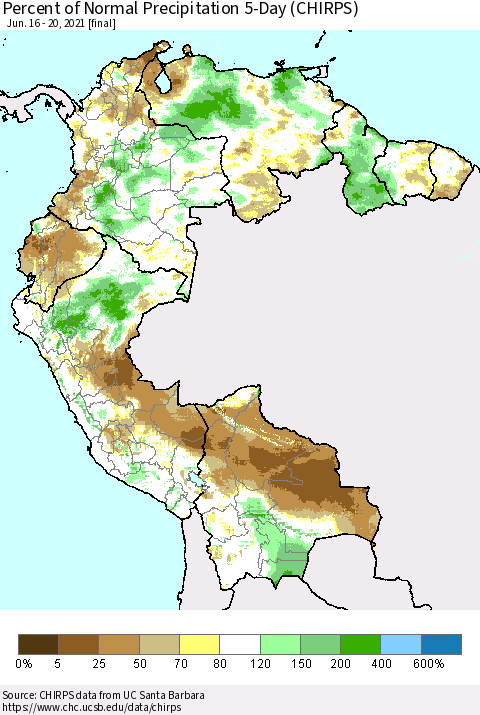 Northern South America Percent of Normal Precipitation 5-Day (CHIRPS) Thematic Map For 6/16/2021 - 6/20/2021