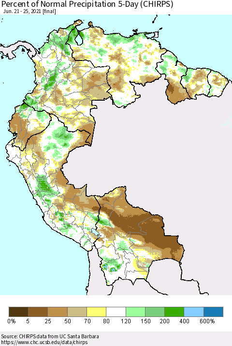 Northern South America Percent of Normal Precipitation 5-Day (CHIRPS) Thematic Map For 6/21/2021 - 6/25/2021