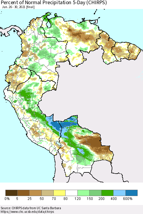 Northern South America Percent of Normal Precipitation 5-Day (CHIRPS) Thematic Map For 6/26/2021 - 6/30/2021