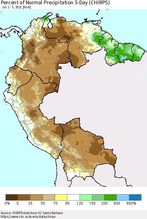 Northern South America Percent of Normal Precipitation 5-Day (CHIRPS) Thematic Map For 7/1/2021 - 7/5/2021