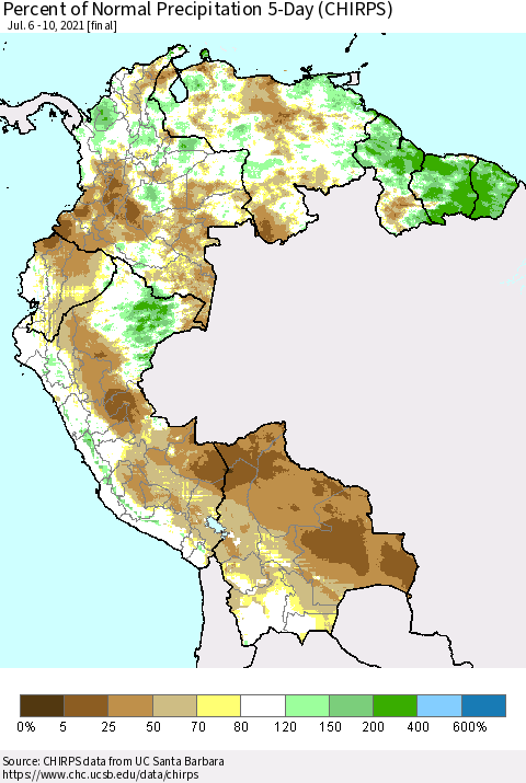 Northern South America Percent of Normal Precipitation 5-Day (CHIRPS) Thematic Map For 7/6/2021 - 7/10/2021