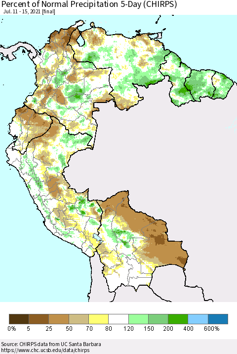 Northern South America Percent of Normal Precipitation 5-Day (CHIRPS) Thematic Map For 7/11/2021 - 7/15/2021
