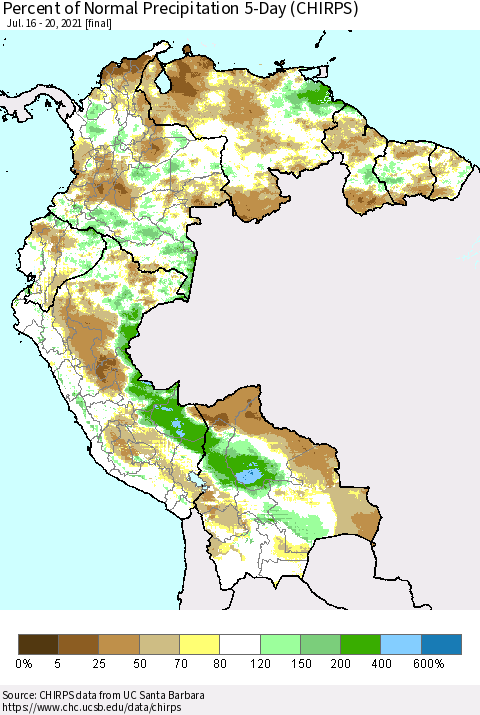 Northern South America Percent of Normal Precipitation 5-Day (CHIRPS) Thematic Map For 7/16/2021 - 7/20/2021