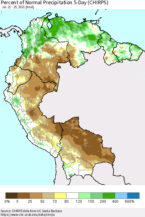 Northern South America Percent of Normal Precipitation 5-Day (CHIRPS) Thematic Map For 7/21/2021 - 7/25/2021