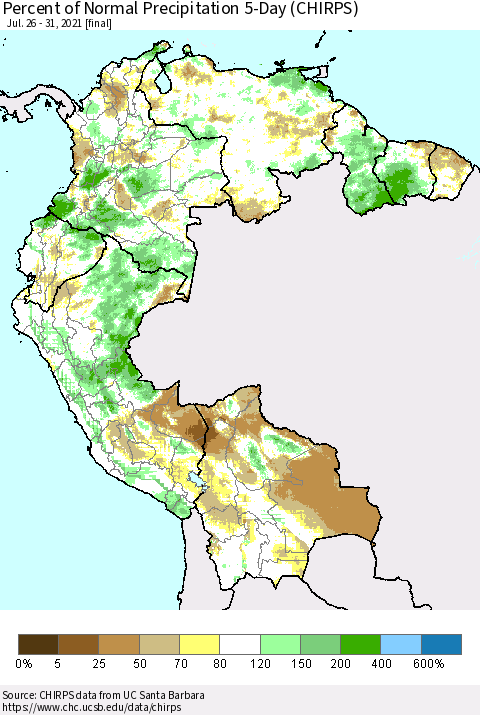 Northern South America Percent of Normal Precipitation 5-Day (CHIRPS) Thematic Map For 7/26/2021 - 7/31/2021