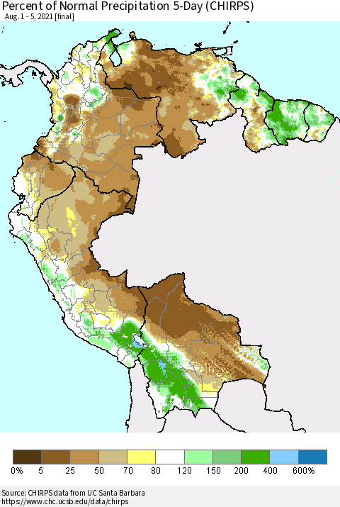 Northern South America Percent of Normal Precipitation 5-Day (CHIRPS) Thematic Map For 8/1/2021 - 8/5/2021