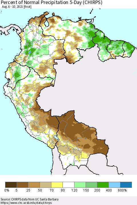 Northern South America Percent of Normal Precipitation 5-Day (CHIRPS) Thematic Map For 8/6/2021 - 8/10/2021