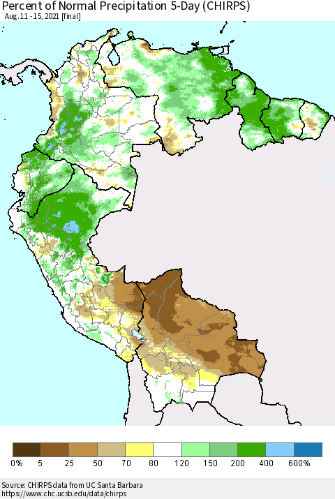 Northern South America Percent of Normal Precipitation 5-Day (CHIRPS) Thematic Map For 8/11/2021 - 8/15/2021