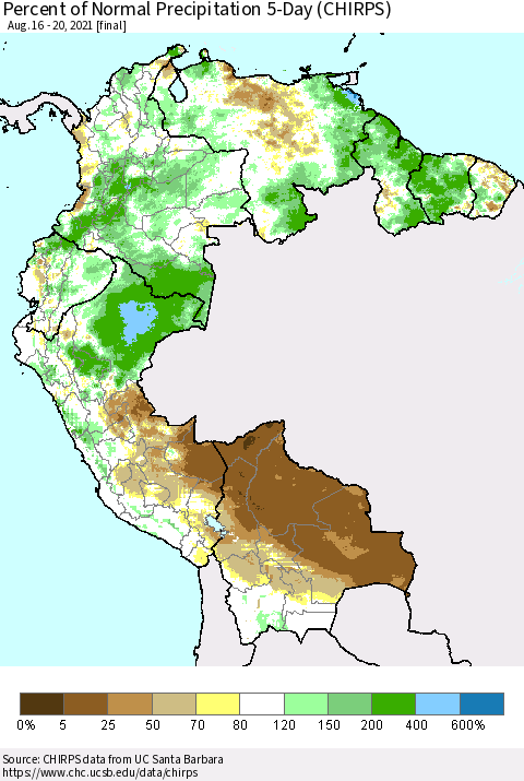 Northern South America Percent of Normal Precipitation 5-Day (CHIRPS) Thematic Map For 8/16/2021 - 8/20/2021