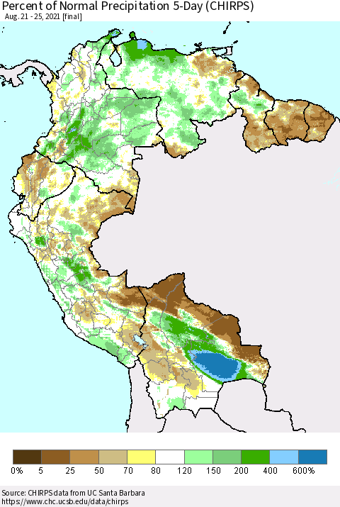 Northern South America Percent of Normal Precipitation 5-Day (CHIRPS) Thematic Map For 8/21/2021 - 8/25/2021