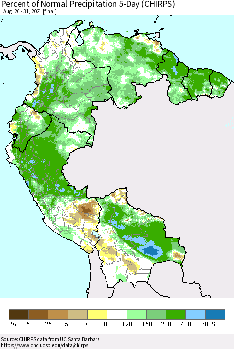 Northern South America Percent of Normal Precipitation 5-Day (CHIRPS) Thematic Map For 8/26/2021 - 8/31/2021
