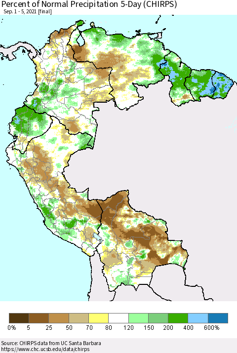 Northern South America Percent of Normal Precipitation 5-Day (CHIRPS) Thematic Map For 9/1/2021 - 9/5/2021