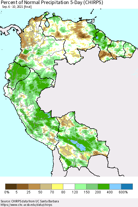 Northern South America Percent of Normal Precipitation 5-Day (CHIRPS) Thematic Map For 9/6/2021 - 9/10/2021