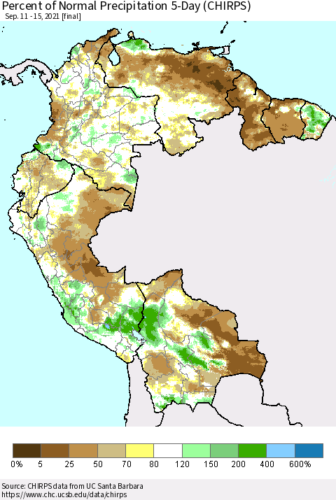 Northern South America Percent of Normal Precipitation 5-Day (CHIRPS) Thematic Map For 9/11/2021 - 9/15/2021