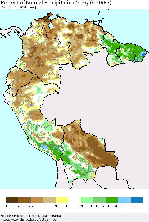 Northern South America Percent of Normal Precipitation 5-Day (CHIRPS) Thematic Map For 9/16/2021 - 9/20/2021