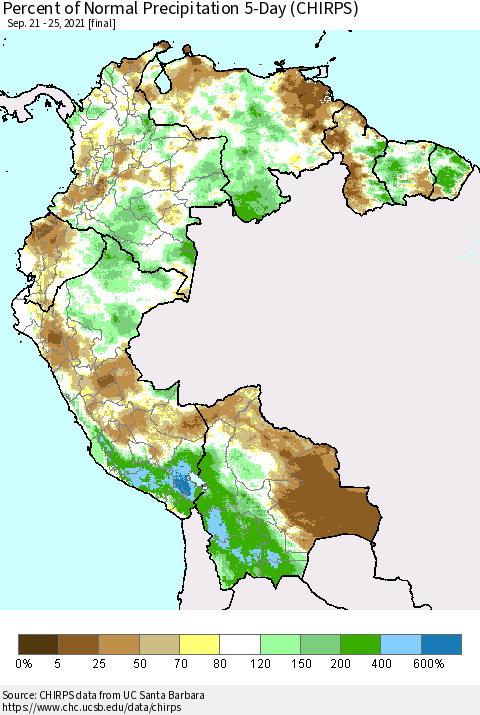 Northern South America Percent of Normal Precipitation 5-Day (CHIRPS) Thematic Map For 9/21/2021 - 9/25/2021