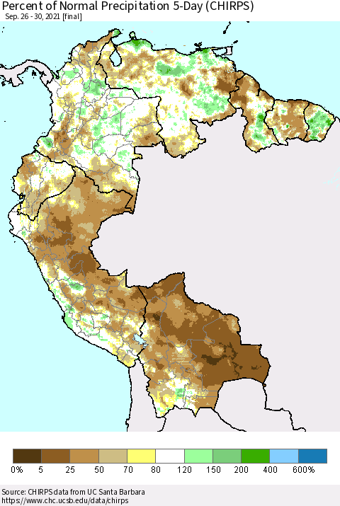 Northern South America Percent of Normal Precipitation 5-Day (CHIRPS) Thematic Map For 9/26/2021 - 9/30/2021