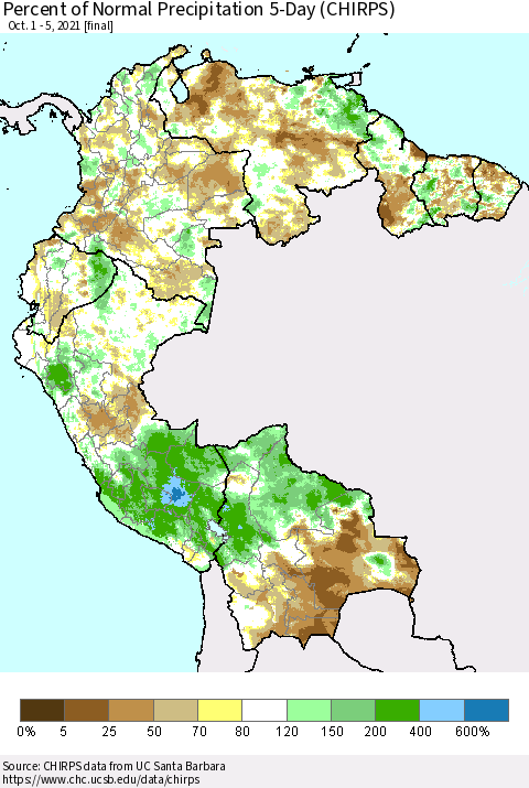 Northern South America Percent of Normal Precipitation 5-Day (CHIRPS) Thematic Map For 10/1/2021 - 10/5/2021