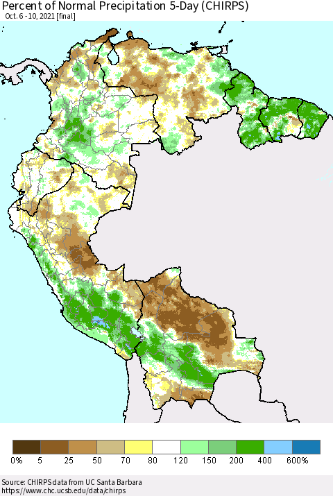 Northern South America Percent of Normal Precipitation 5-Day (CHIRPS) Thematic Map For 10/6/2021 - 10/10/2021