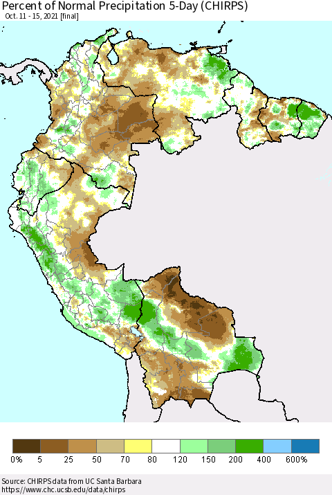 Northern South America Percent of Normal Precipitation 5-Day (CHIRPS) Thematic Map For 10/11/2021 - 10/15/2021