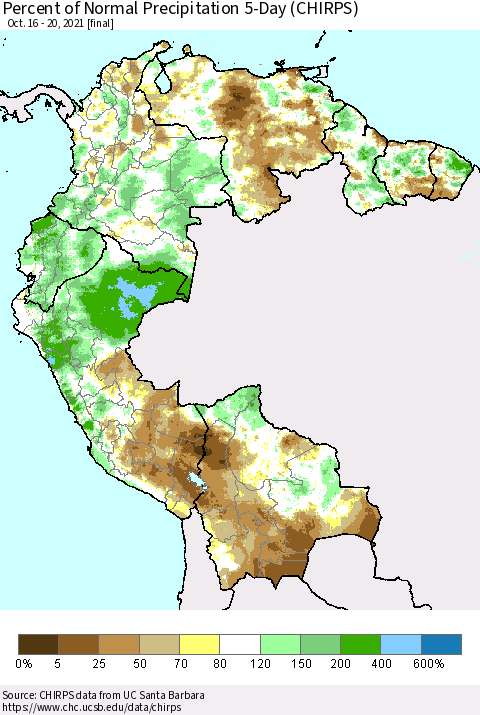 Northern South America Percent of Normal Precipitation 5-Day (CHIRPS) Thematic Map For 10/16/2021 - 10/20/2021
