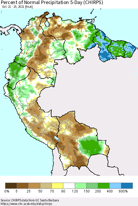 Northern South America Percent of Normal Precipitation 5-Day (CHIRPS) Thematic Map For 10/21/2021 - 10/25/2021