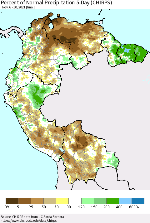 Northern South America Percent of Normal Precipitation 5-Day (CHIRPS) Thematic Map For 11/6/2021 - 11/10/2021