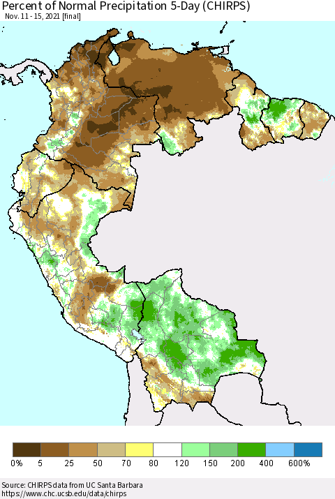 Northern South America Percent of Normal Precipitation 5-Day (CHIRPS) Thematic Map For 11/11/2021 - 11/15/2021