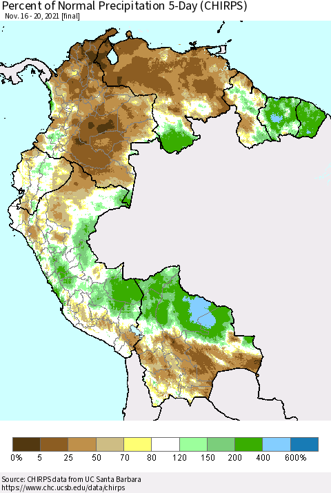 Northern South America Percent of Normal Precipitation 5-Day (CHIRPS) Thematic Map For 11/16/2021 - 11/20/2021