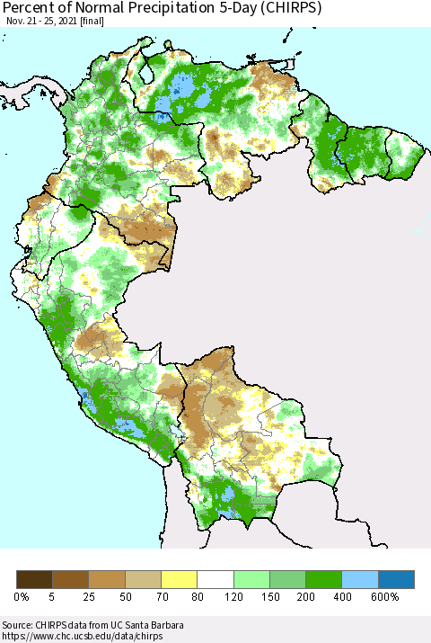 Northern South America Percent of Normal Precipitation 5-Day (CHIRPS) Thematic Map For 11/21/2021 - 11/25/2021