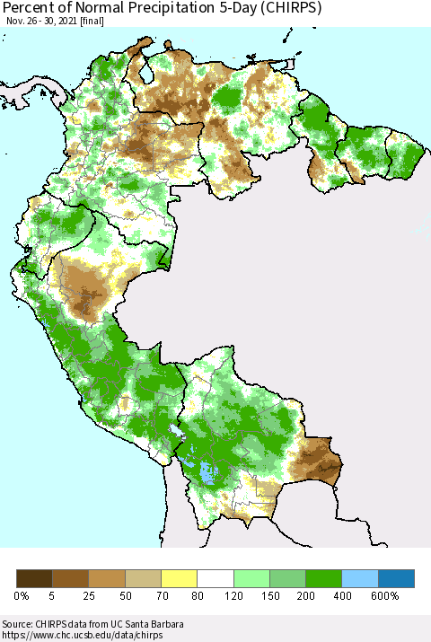 Northern South America Percent of Normal Precipitation 5-Day (CHIRPS) Thematic Map For 11/26/2021 - 11/30/2021